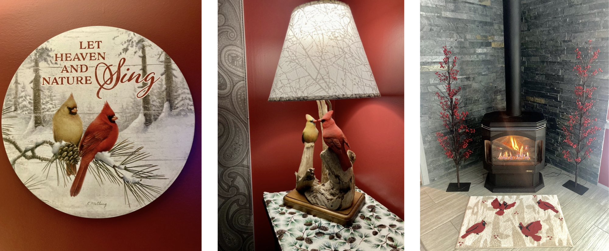 Three images of home decor featuring cardinals.