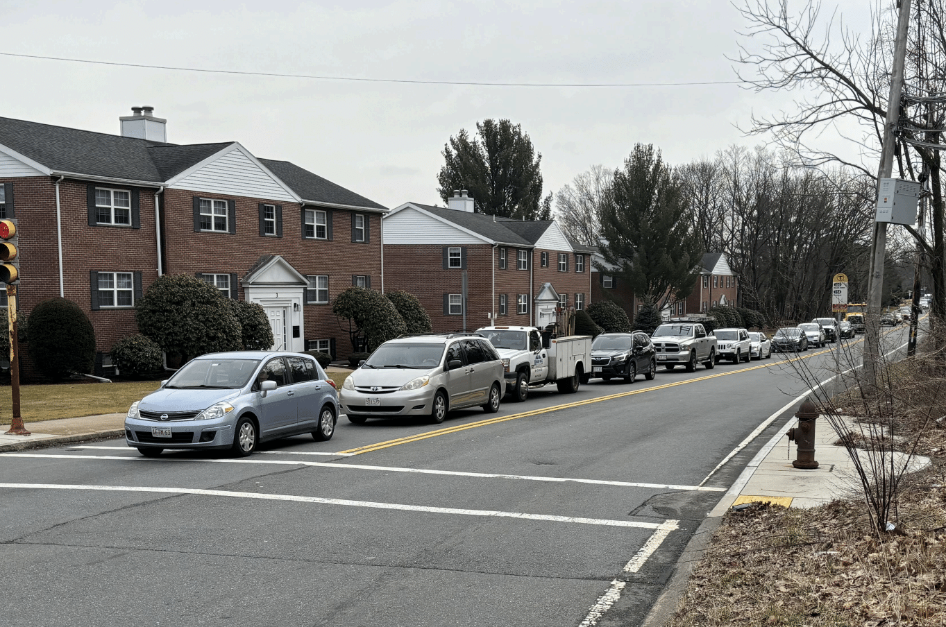 Cars line up down the street, waiting for the light to change.