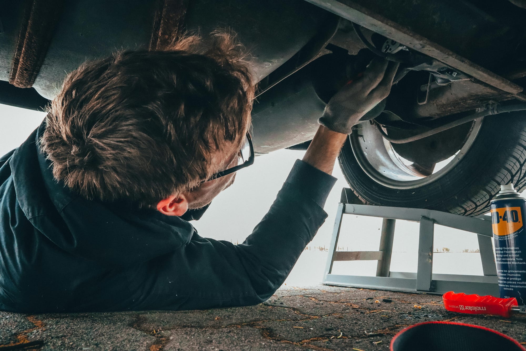 an auto mechanic working under a car