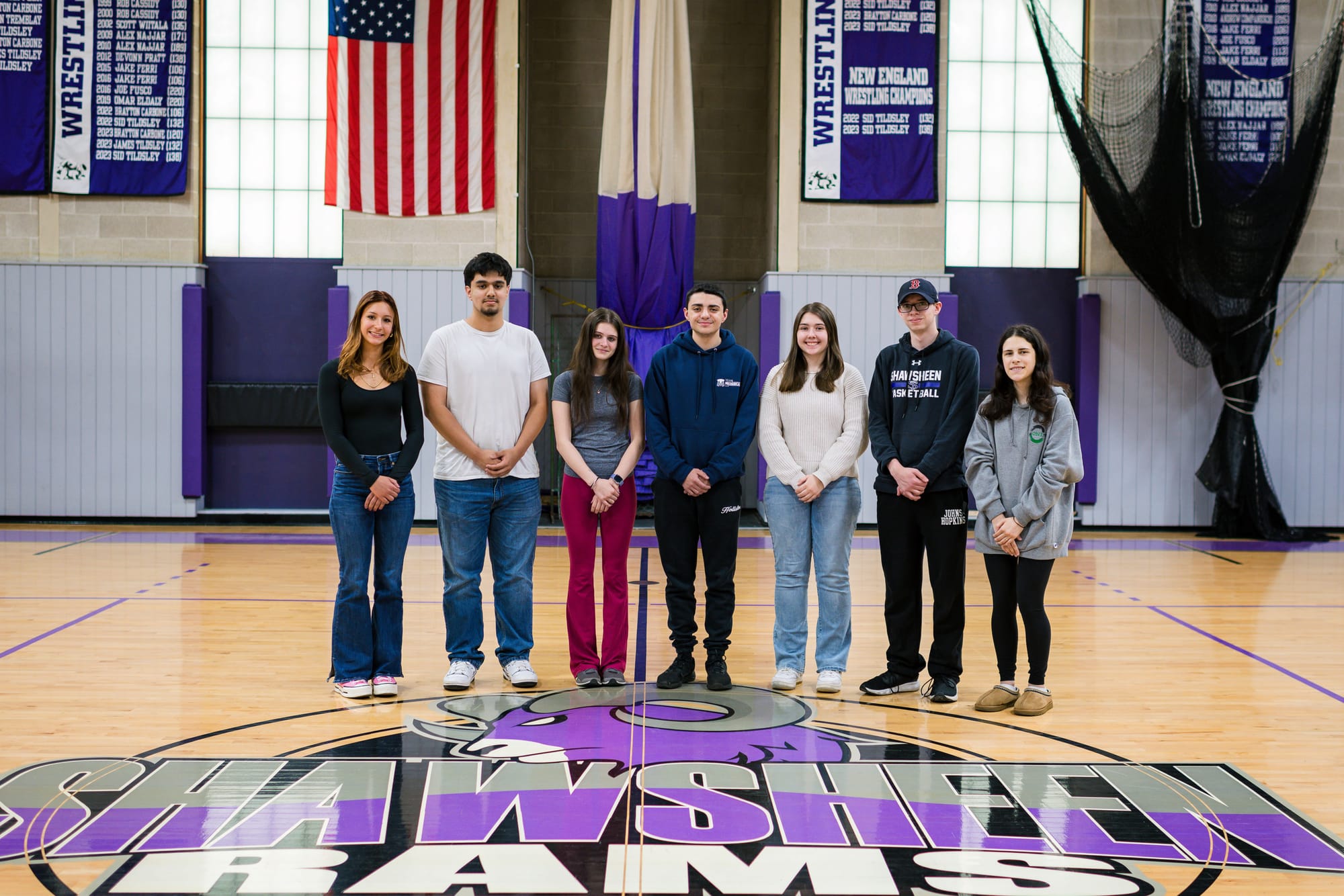 Shawsheen seniors of the month for Semester 2 pose in the school gymnasium.