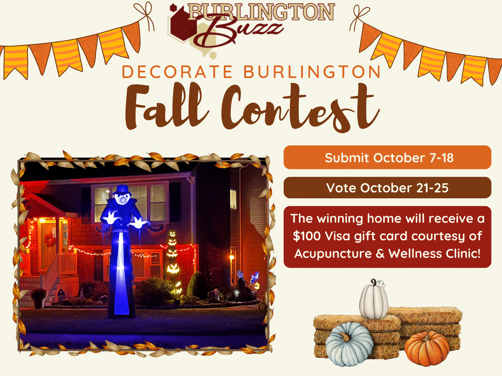 A graphic announcing the Decorate Burlington Fall Contest from Burlington Buzz.