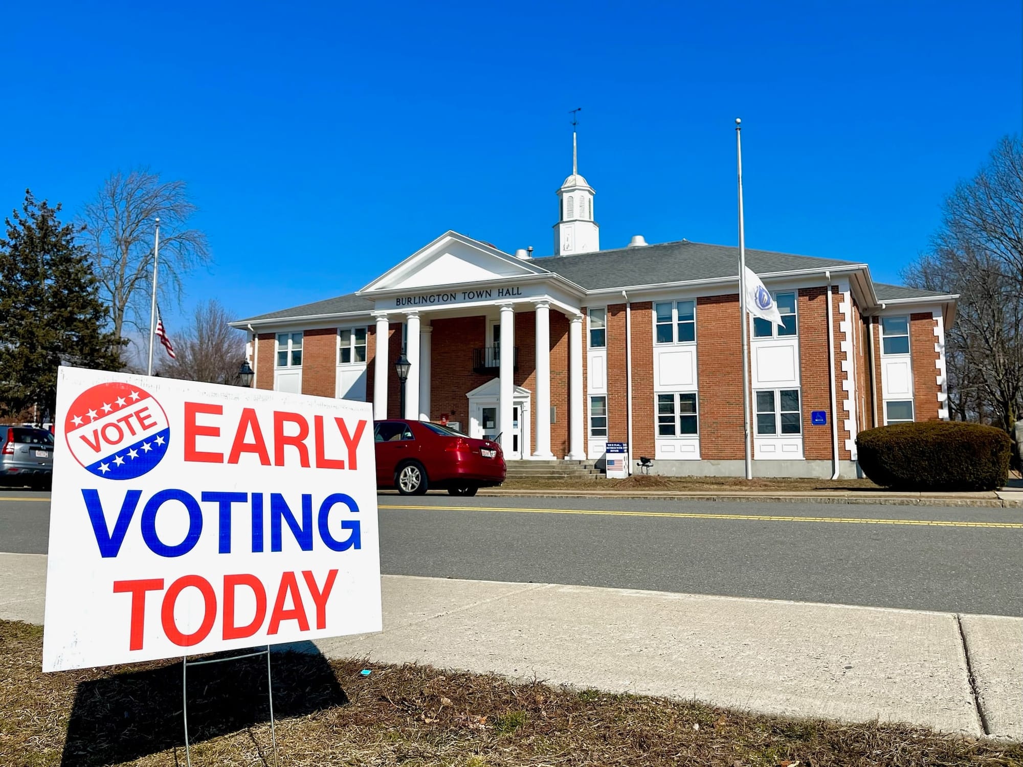 "Early voting today" sign in front of Burlington, MA, Town Hall