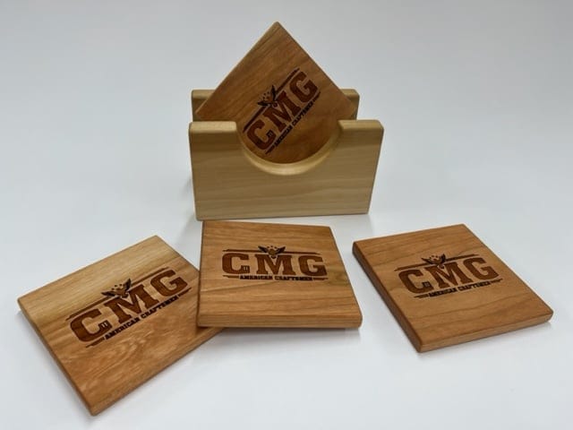 handmade wooden coasters, customizable with logo