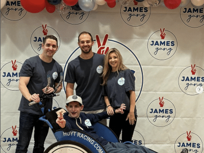 Members of the James Gang, with James in a Hoyt Racing wheelchair.